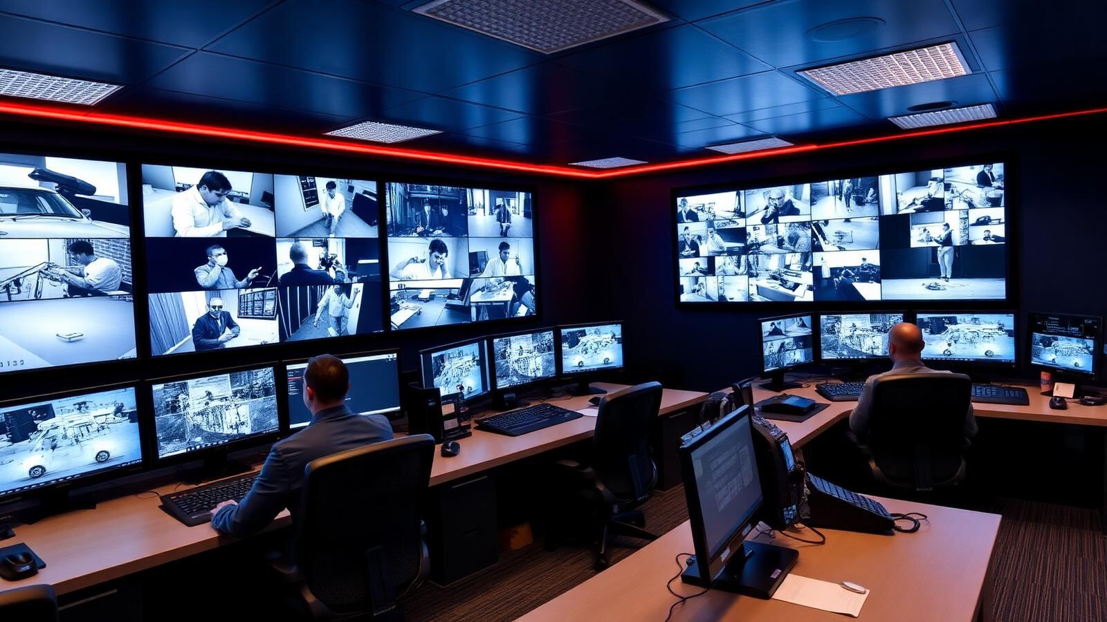 Operators watching camera feeds inside a 24/7 security monitoring control room